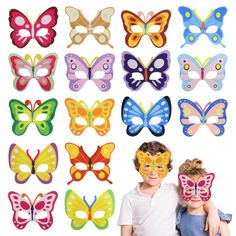 two children wearing butterfly masks in front of a white background with different colors and shapes