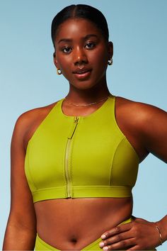 High Tide Zip-Front Swim Top Fabletics green female Activewear >> Womens >> Swim >> Tops regular Swim 4-Way Stretch/Removable Bra Cups Green Nylon Activewear For Pilates, Versatile Green Activewear For Sports, Green Sports Activewear, Versatile Green Stretch Sports Bra, Green High Stretch Nylon Sports Bra, High Stretch Green Nylon Sports Bra, Green Fitted Nylon Activewear, Fitted Green Nylon Activewear, Versatile Green Sleeveless Activewear