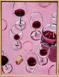 a painting of wine glasses and bottles on a pink background