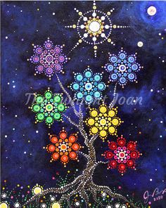 a painting of flowers in the sky with stars and circles on it's surface