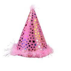 a pink party hat with stars and feathers on the top, sitting against a white background