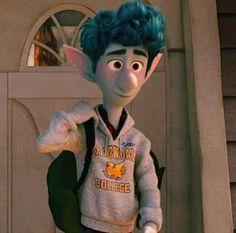 an animated character in front of a building with blue hair and green eyes wearing a backpack