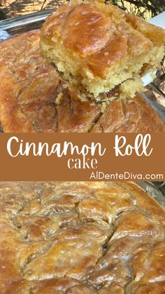 cinnamon roll cake on top of a metal pan with the words cinnamon roll cake above it