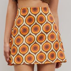 Brown And Orange Circular Retro Pattern Mini Skirt Never Worn Patterned Mini Skirt, Pink Denim Skirt, Short Pencil Skirt, Skirts Brown, Pattern Mini Skirt, Mini Pleated Skirt, Mood Clothes, Grey Mini Skirt, Orange Skirt