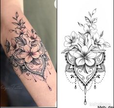 two pictures one with flowers and the other with an ornate design on it's arm