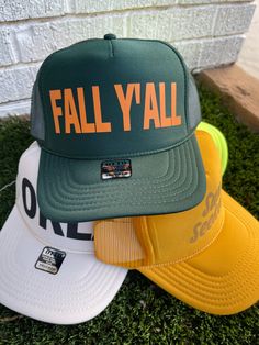 Happy Fall Y'all trucker hat! Bring in the fall with the cutest fall trucker to complete any outfit! Fall Outdoor Snapback Hat, Outdoor Fall Snapback Hat, Adjustable Flat Bill Baseball Cap For Fall, Fall Streetwear Baseball Cap, Trendy Fall Baseball Cap, Fall Streetwear Baseball Cap With Curved Brim, Trendy Fall Snapback Baseball Cap, Streetwear Fall Baseball Cap With Curved Brim, Fall Casual Flat Brim Baseball Cap