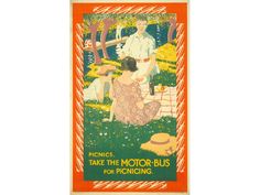 an old poster advertising motor - bus service in the united states shows two women sitting on grass