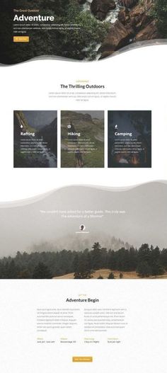 an image of the website page for adventure company, with mountains and trees in the background