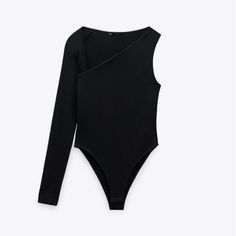 a black bodysuit with one shoulder and long sleeves