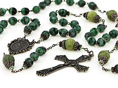 Artisan Collection Of Ireland™ 10mm Connemara Marble With 8mm Green Glass Beads and 4x4mm fancy cut green glass bead Bronze Tone Irish Rosary. Measures approximately 1.60"W. Adjustable Green Rosary Bracelet With Round Beads, Green Beaded Rosary, Green Rosary, Green Rosary With 8mm Beads, Connemara Marble, Marble Jewelry, Adjustable Brown Hand-strung Rosary, Jewelry Television, Ceramic Beads