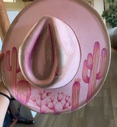 Gorgeous light pink & metallic color faux suede hat, light weight and comfortable  This hat has been woodburned with a cactus design  WE CAN CUSTOMIZE this hat and add any city name in the back Adjustable Hand Painted Pink Hat, Adjustable Pink Hand Painted Hat, Custom Pink Hat For Festival, Cowgirl Hats Western, Suede Hat, Hat Light, Painted Hats, Cactus Design, Cowgirl Style