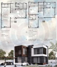 the floor plan for this modern home is shown in black and white, with three different levels