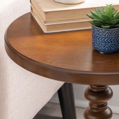 a small potted plant sitting on top of a wooden table next to a stack of books