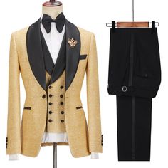 Groom Costume, Blazer Wedding, Suits For Wedding, Gold Suit, Blazer Pattern, Pieces Men, Black Shawl, Prom Suits, Tuxedo Wedding