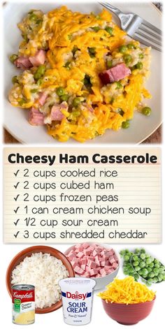 the recipe for cheesy ham casserole is shown