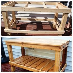 two different views of a bench made out of wood