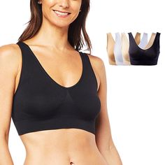 Experience the ultimate in comfort and style with the Rhonda Shear 4-pack Seamless Original Ahh Bra. This set includes four bras in essential colors: Black, White, Light Beige, and Beige, all designed to provide a smooth, seamless fit under any outfit.

- Size: X-Small
- Colors: Black, White, Light Beige, Beige
- Material: Seamless fabric
- Gender: Female
- Age Group: Adult

These bras are perfect for everyday wear, offering an easy pullover design with no hooks or wires, ensuring a comfortable White Compressive Bra With Light Support, High Stretch Black Bra With Built-in Support, Black Sports Bra With Built-in Bra And Medium Support, Black Sports Bra With Built-in Bra And 4-way Stretch, Black Medium Support Sports Bra, Sweat Resistant, Sun Tan, Pullover Designs, White Beige, Black & White