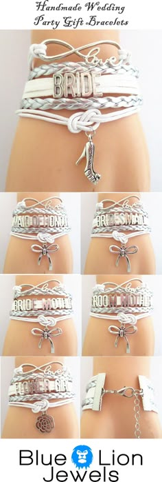 several pictures of different bracelets with charms on each side and the words blue lion jewels