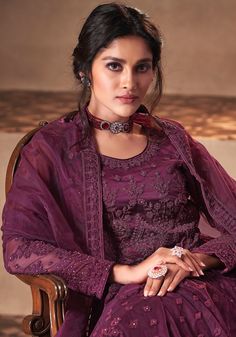 Wine Purple Designer Embroidered Wedding Anarkali Suit-Saira's Boutique Embroidery Stones, Wedding Anarkali, Resham Embroidery, Butterfly Net, Wine Purple, Embroidered Wedding, Anarkali Suit, Purple Fabric, Lace Border