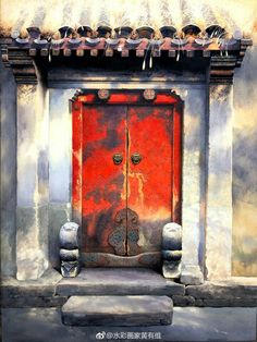 an artistic painting of a red door with birds perched on it's top ledge