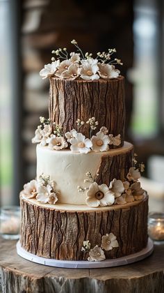 a three tiered wedding cake with flowers on the top is sitting on a tree stump