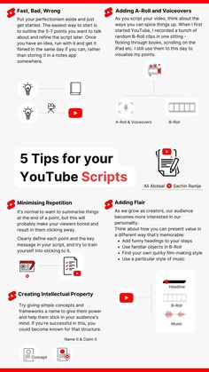 an info sheet with the words 5 tips for your youtube scripts