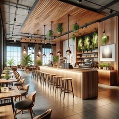 the interior of a restaurant with wooden tables and bar stools, potted plants on the wall