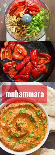 different types of food are shown in this collage with the words muhamara