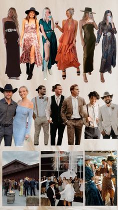 the collage shows many different people in dresses and hats