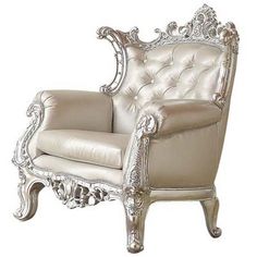 an ornate white chair with silver trimmings