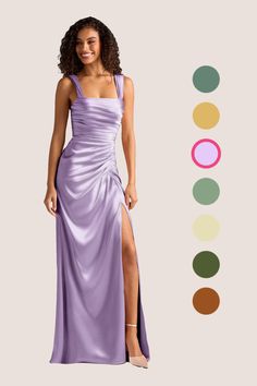 a woman in a long purple dress standing next to a color swat list with different colors