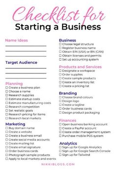 the checklist for starting a business is shown in pink and blue with text that reads,