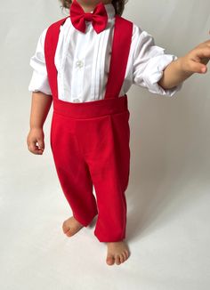 ✿ABOUT THIS SUİT ✓This set includes a long-sleeve white cotton shirt, a red silk alpaca suspenders pants, a silk alpaca vest, and a bow tie. ✓The trousers have an elastic back and adjustable trouser hanger for a comfortable and stylish fit.  ✓The elegant page boy look is perfect for any special occasion, ensuring your little one looks picture-perfect. ✿FABRIC INFORMATION ✓Natural cotton, silk alpaca. ✓Color of your item may vary slightly from what you see on your screen because all monitors disp Formal Cotton Long Sleeve Set, Formal Long Sleeve Cotton Set, Red Sets With Pockets For Spring, Red Spring Sets With Pockets, Elegant Red Cotton Bottoms, Red Cotton Party Bottoms, Formal Cotton Sets With Pockets, Fitted Red Cotton Set, Red Cotton Party Sets