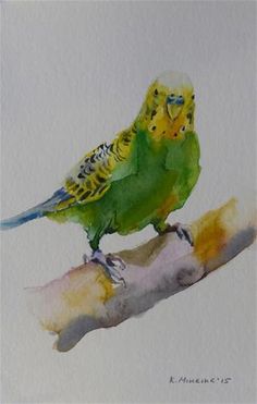 a watercolor painting of a bird sitting on a branch with yellow and green feathers