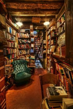 a room filled with lots of books next to a green chair and bookcases