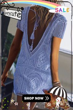 Fashion Patchwork Hollowed Out Frenulum Backless V Neck A Line Dresses(5 Colors) Line Dresses, Light Blue Shorts, Beach Skirt, A Line Dresses, Lace Shift Dress, Lace Short, Short Sleeve Mini Dress, Lace Fashion, Types Of Skirts