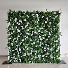 an artificial wall with white flowers on it