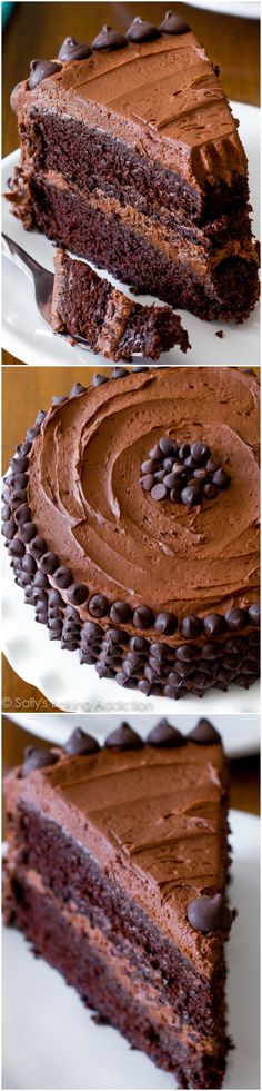 three different views of a chocolate cake on a plate