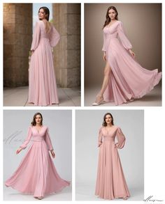 Floor-length Maxi Dress With Side Slits For Wedding, Wedding Gown With Side Slits And Maxi Length, Elegant Long Pink Gown, Wedding Dresses With Sweep Train And Split Shape, Wedding Gown With Side Slits, Long Bridesmaid Gown, Elegant Flowy Dresses With Side Slits, Full Length Evening Dress With Side Slits For Wedding, Flowy Long Sleeve Evening Dress For Bridesmaid