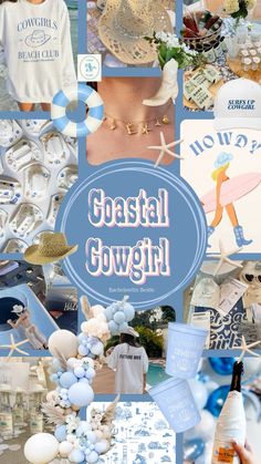 a collage of photos with the words coastal gowghit written in blue and white