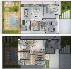 two views of the floor plan of a house with swimming pool and outdoor living area