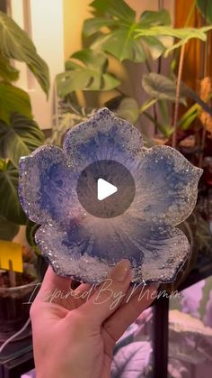 a person holding an ice flower in front of a plant with lots of leaves on it