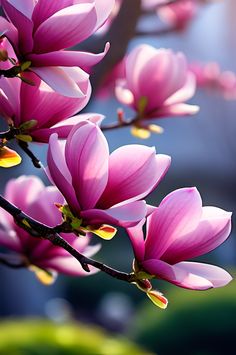 pink flowers are blooming on a tree branch