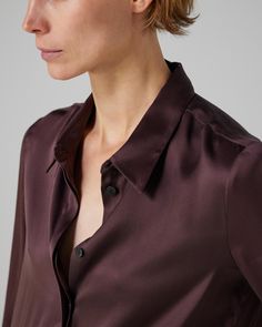 A versatile loose fitted shirt in silk satin with a hidden placket front for a clean finish. Fitted Shirt, Knitwear Tops, Silk Satin, Shoe Collection, Outerwear Jackets, Jacket Dress, Plum, Knitwear, Loose Fitting