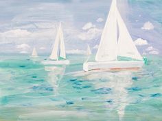 three sailboats floating in the ocean with blue sky and clouds behind them, painted on canvas