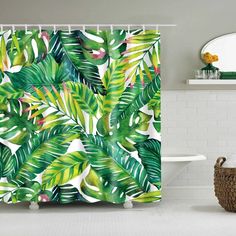 tropical-shower-curtain Banana Leaf Shower Curtain, Banana Leaf Decor, Cactus Shower Curtain, Leaves Decor, Bathroom Shower Curtain Sets, Bathroom Decor Sets, Green Banana, Tropical Leaf Print, Banana Leaves