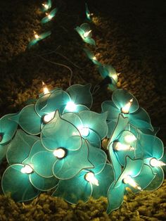 some lights that are sitting on the ground in front of grass and plants with leaves attached to them