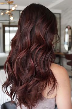 34 Beautiful Burgundy Balayage Hair Ideas That Will Leave You Mesmerized Chocolate Brown Hair With Highlights Red, Chocolate Cherry Hair Color With Highlights, Dark Burgundy Hair With Highlights, Subtle Burgundy Highlights, Merlot Balayage, Cherry Brown Highlights, Cherry Brown Balayage, Brown Hair With Burgundy Highlights