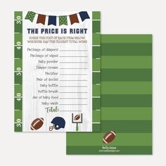 the price is right football baby shower game with green field and blue pennants on it