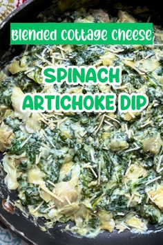 spinach artichoke dip in a cast iron skillet with text overlay